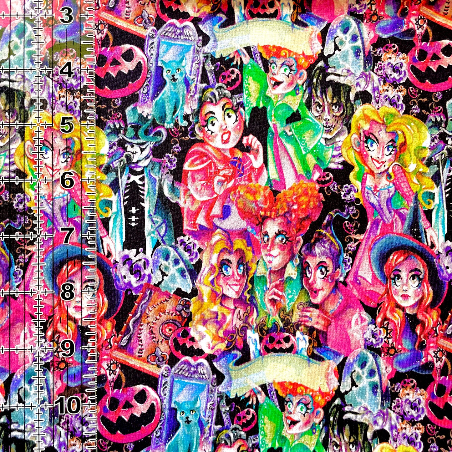 9x14 Tumbler Cut, Custom Fabric, CottonSpandex, High Quality, Mask Cut, Tumbler Fabric, Halloween, Hocus Sisters, Toon on Black, Precut