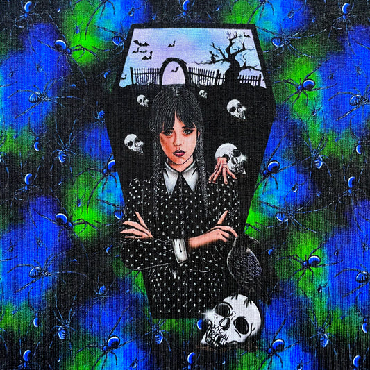 **9x12** Tumbler Cut, Custom Fabric, CottonSpandex, High Quality, Wednesday, Spiders, Blue/Green, Precut