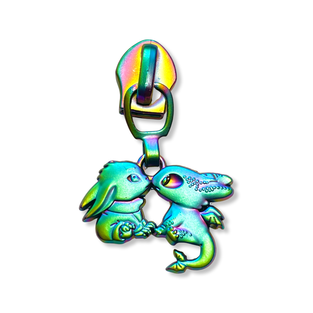 Zipper Pull, Child and Dragon, Rainbow Matte