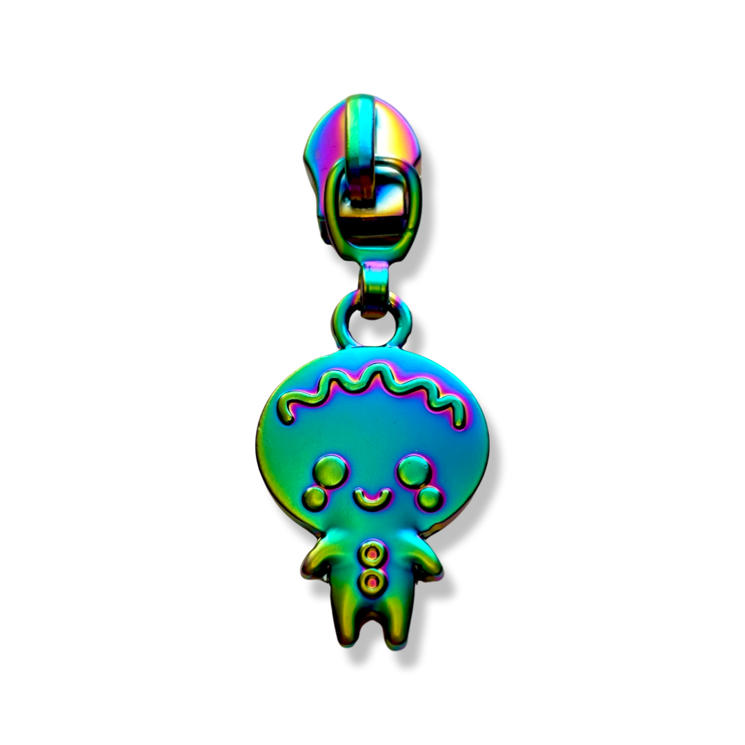 Zipper Pull, Gingerbread Man, Happy/Sad, Double Sided, Matte Rainbow