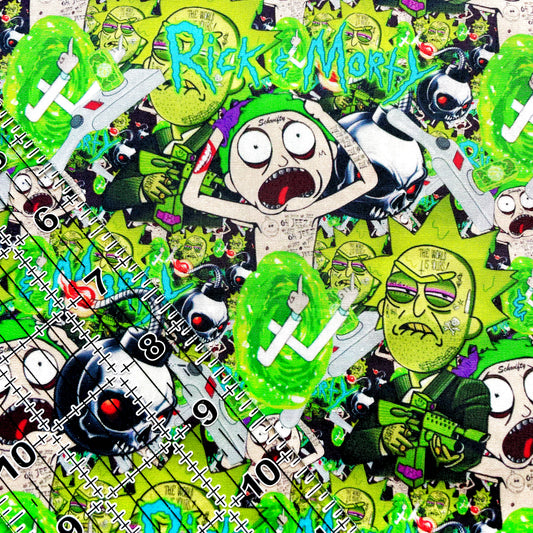 9x14 Tumbler Cut, Custom Fabric, CW Cotton Woven, High Quality, Mask Cut, Tumbler Fabric, R&M, Rick, Green, Bombs