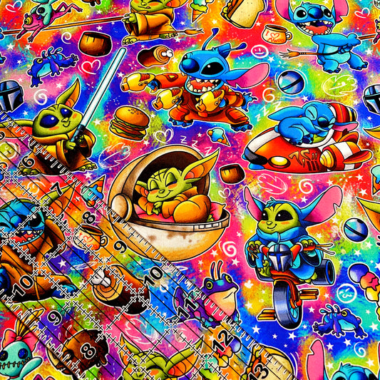 9x14 Tumbler Cut, Custom Fabric, CW Cotton Woven, High Quality, Mask Cut, Tumbler Fabric, Galaxy, Baby Yoda and Stitch, Battle of the Babies, Colorful