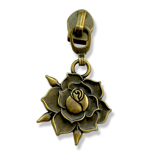 Zipper Pull, Flower, Rose, Antique Brass