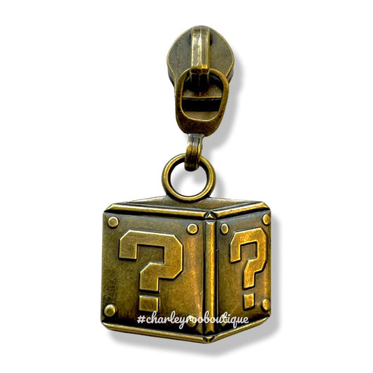 Zipper Pull, Mario Block, Gamer, Antique Bronze