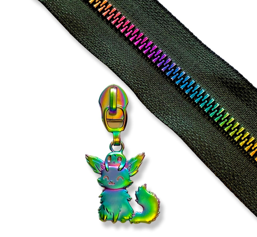 Zipper Pull, Crystal Fox Friend, Gamer, Rainbow Matte