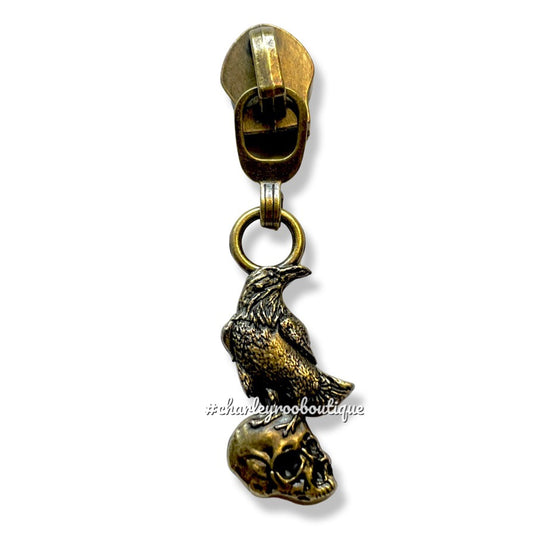 Zipper Pull, Nevermore, Raven on Skull, Antique Brass