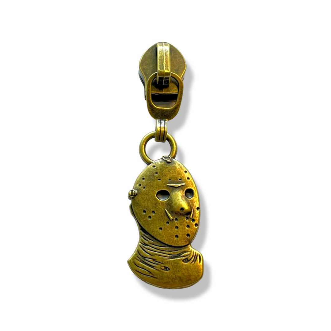 Zipper Pull, Jason Horror Mask, All Doomed, Antique Bronze