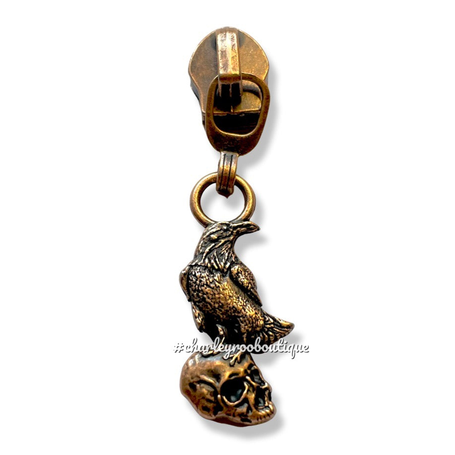 Zipper Pull, Nevermore, Raven on Skull, Copper