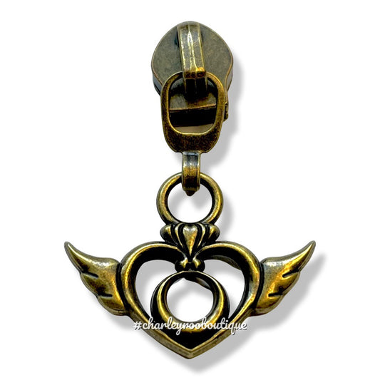 Zipper Pull, Flying Heart, Sailor, Antique Bronze