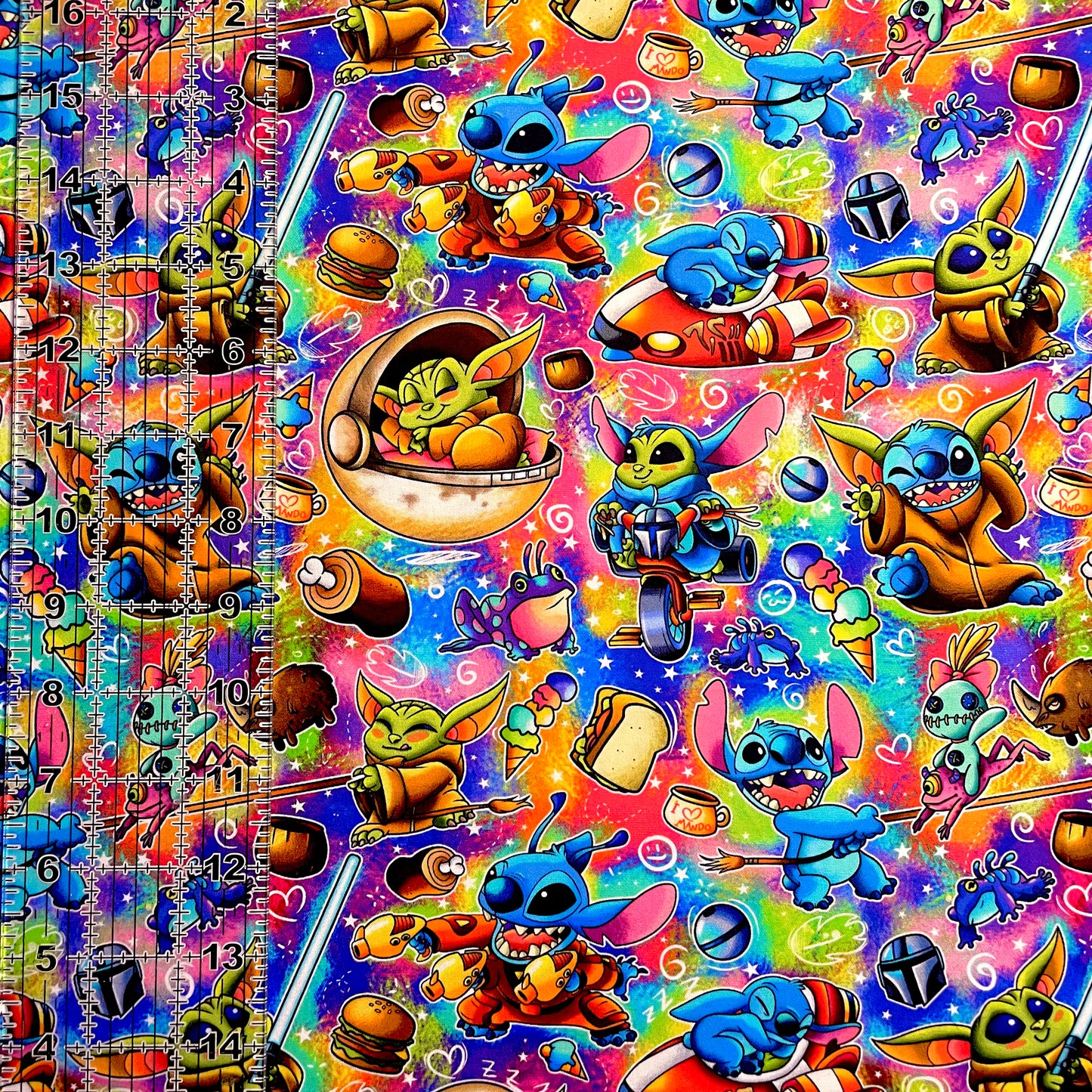9x14 Tumbler Cut, Custom Fabric, CW Cotton Woven, High Quality, Mask Cut, Tumbler Fabric, Galaxy, Baby Yoda and Stitch, Battle of the Babies, Colorful
