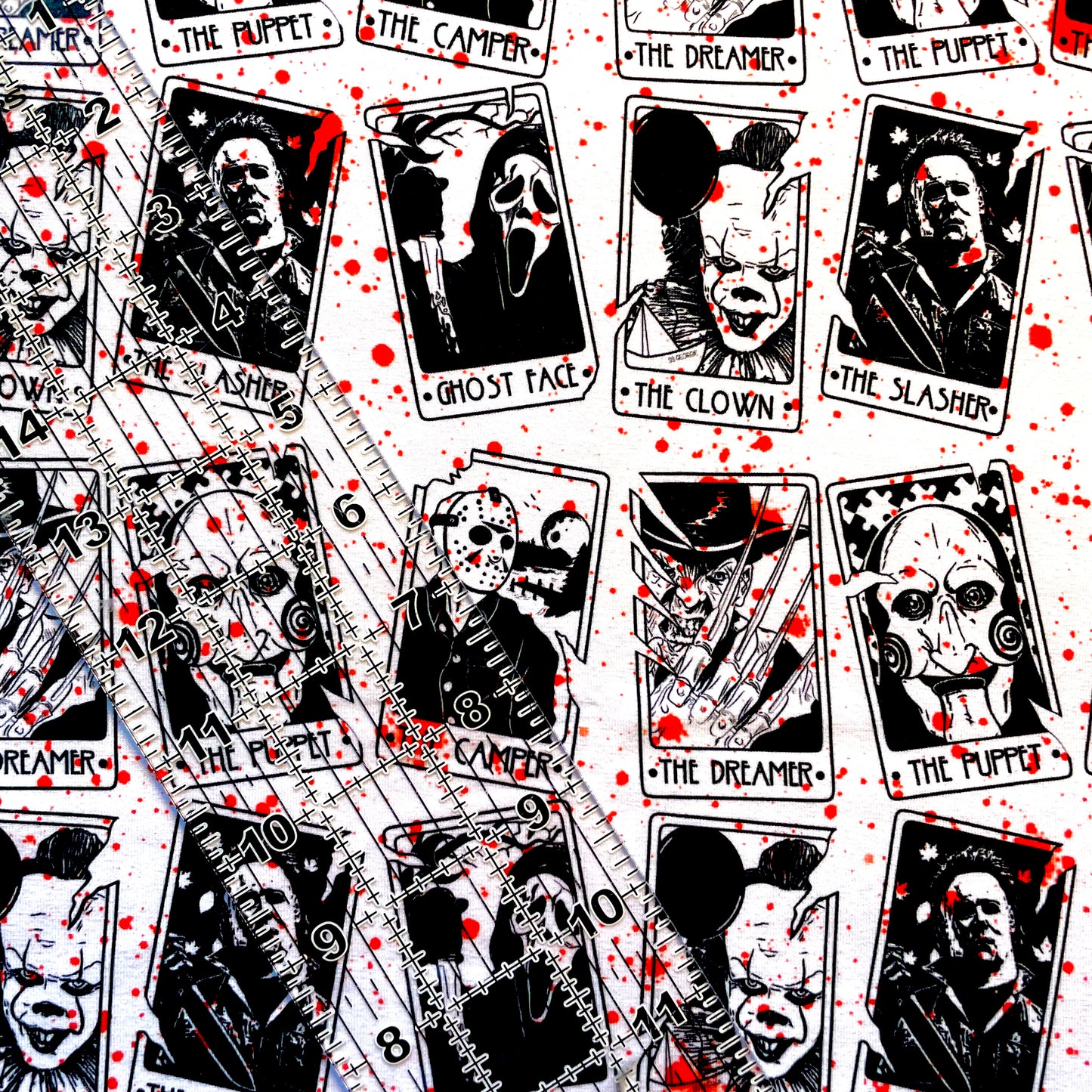 9x14 Tumbler Cut, Custom Fabric, CottonSpandex, High Quality, Mask Cut, Tumbler Fabric, Halloween, Horror, B/W, Tarot, Slasher Cards