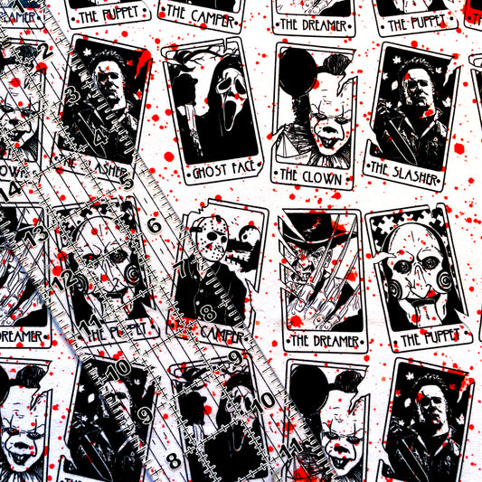 9x14 Tumbler Cut, Custom Fabric, CottonSpandex, High Quality, Mask Cut, Tumbler Fabric, Halloween, Horror, B/W, Tarot, Slasher Cards