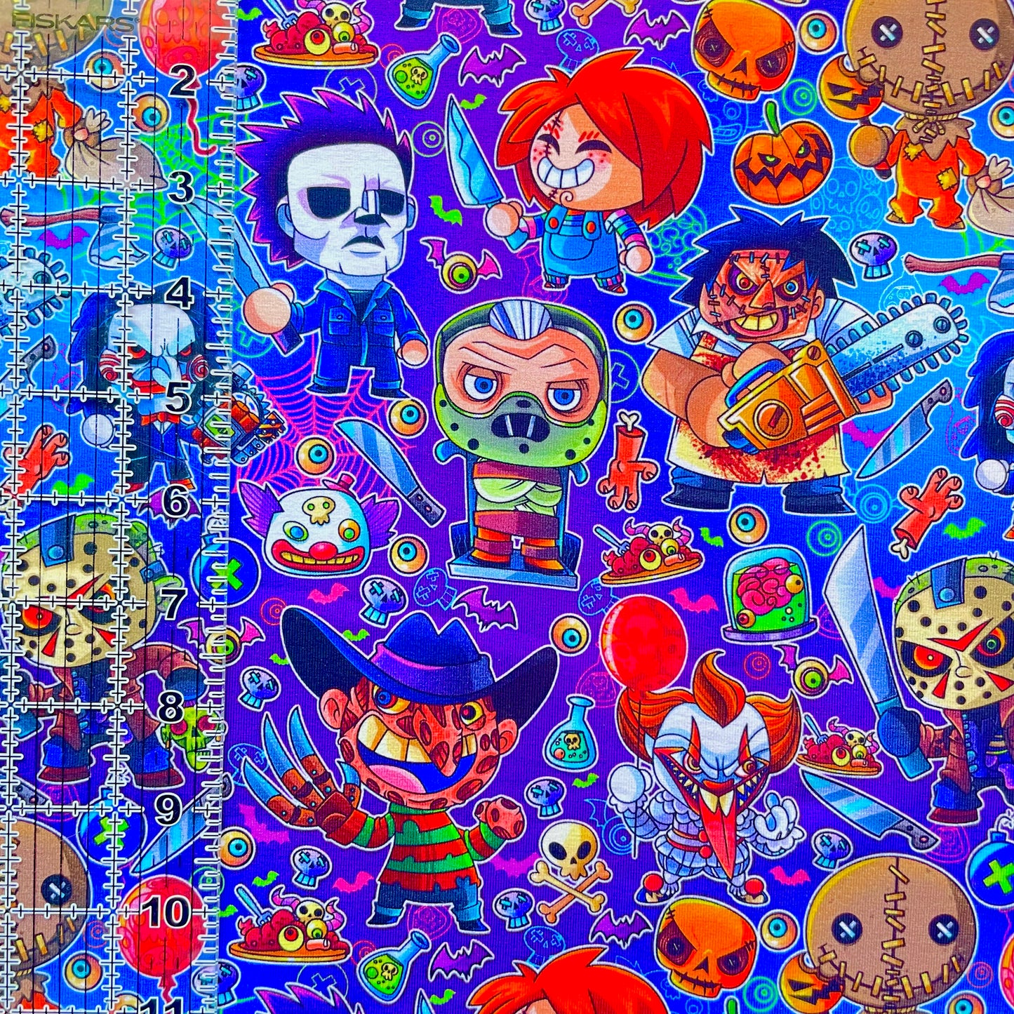 9x14 Tumbler Cut, Custom Fabric, CottonSpandex, High Quality, Mask Cut, Tumbler Fabric, Halloween, Horror, Serial Killers, Chibi, Purple, Toon Killers