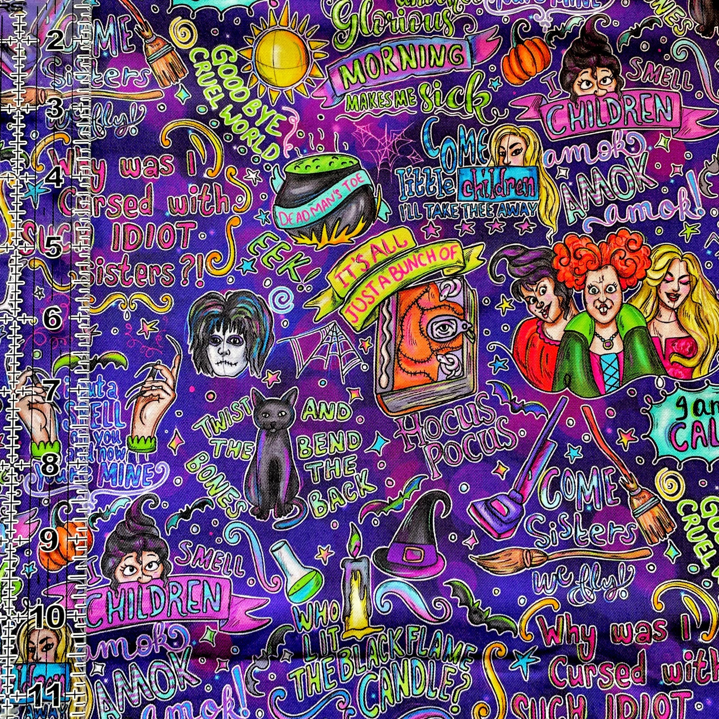 9x14 Tumbler Cut, Custom Fabric, CW Cotton Woven, High Quality, Mask Cut, Tumbler Fabric, Witch, Doodle, Hocus Quotes, Purple