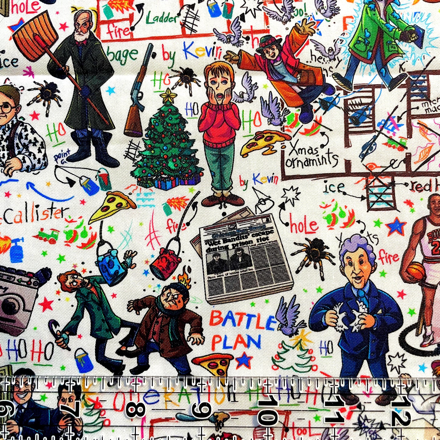 9x14 Tumbler Cut, Custom Fabric, CW Cotton Woven, High Quality, Mask Cut, Tumbler Fabric, Christmas, Xmas, White, Home Alone Toon Sketch