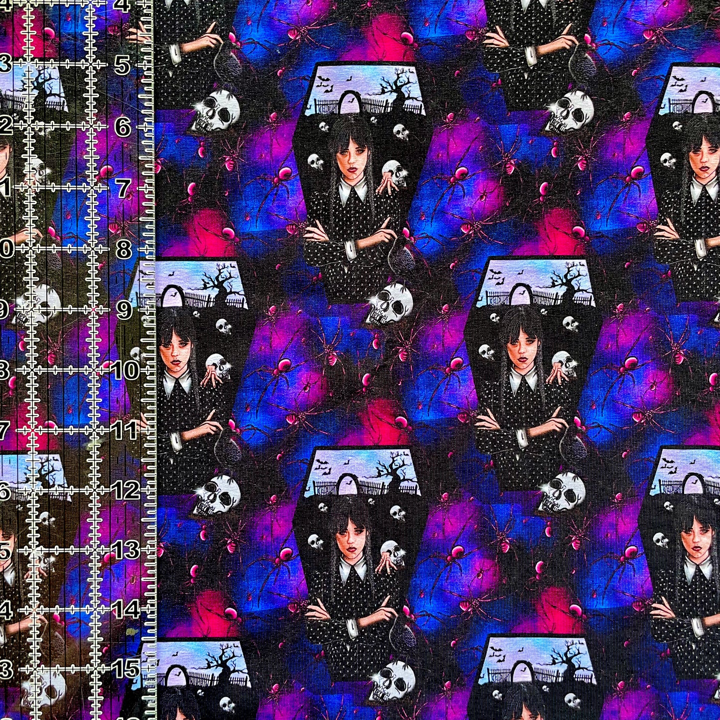 9x14 Tumbler Cut, Custom Fabric, CottonSpandex, High Quality, Mask Cut, Tumbler Fabric, Nevermore, Wednesday, Spiders, Blue/Purple/Pink