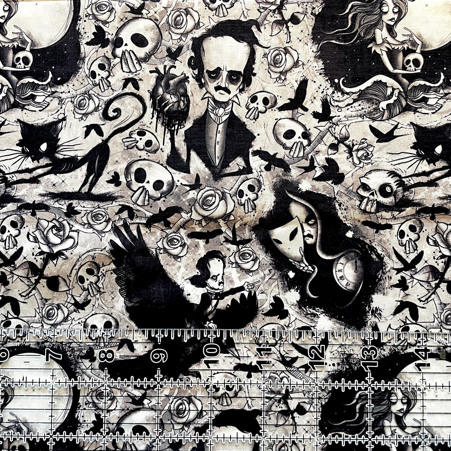 9x14 Tumbler Cut, Custom Fabric, CW Cotton Woven, High Quality, Mask Cut, Tumbler Fabric, Halloween, Horror, Poe, Black & White, New