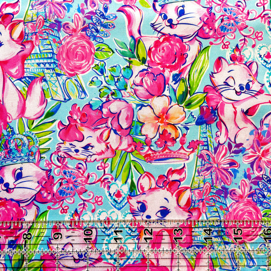 9x14 Tumbler Cut, Custom Fabric, CW Cotton Woven, High Quality, Mask Cut, Tumbler Fabric, Floral, Cat, Pink, Pretty Kitty