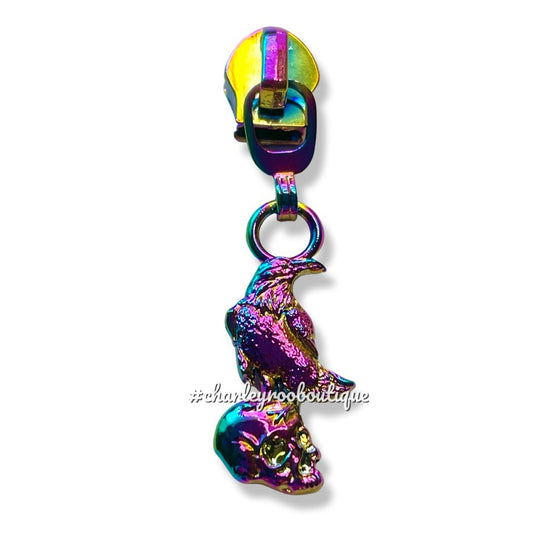 Zipper Pull, Nevermore, Raven on Skull, Rainbow