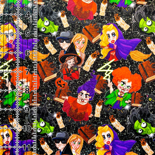 9x14 Tumbler Cut, Custom Fabric, CW Cotton Woven, High Quality, Mask Cut, Tumbler Fabric, Witch, Hocus, Spell, Pocus, Halloween, Toon on Black, Precut