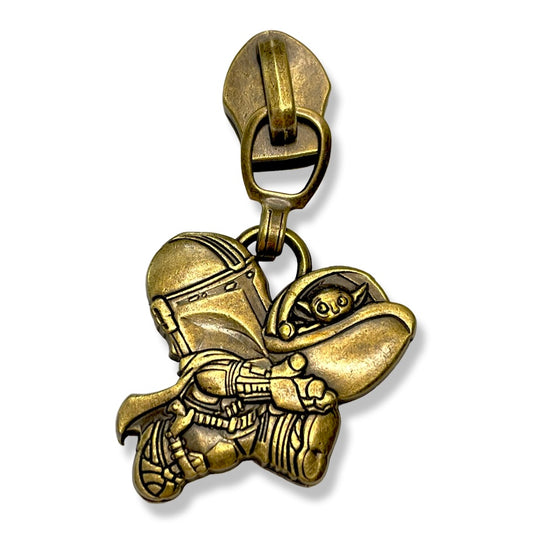 Zipper Pull, Hunter with Child, Yoda, Antique Brass