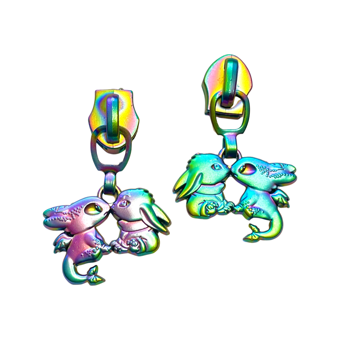Zipper Pull, Child and Dragon, Rainbow Matte