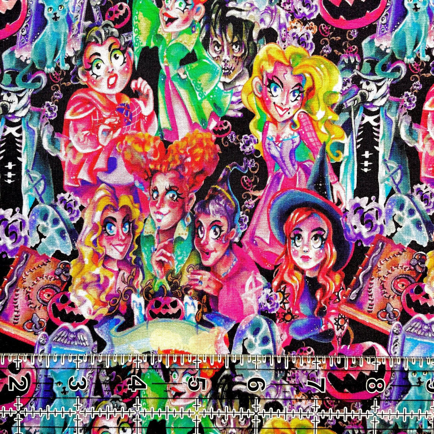 9x14 Tumbler Cut, Custom Fabric, CottonSpandex, High Quality, Mask Cut, Tumbler Fabric, Halloween, Hocus Sisters, Toon on Black, Precut