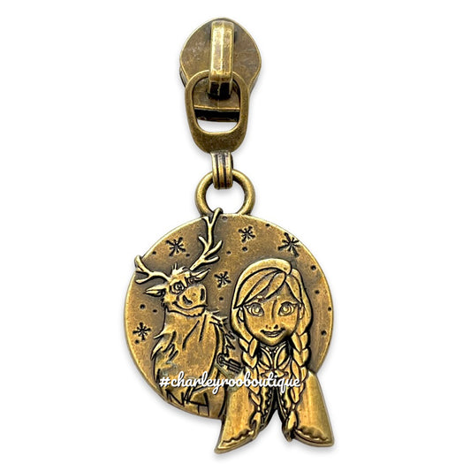Zipper Pull, Anna and Sven, Frozen, Antique Brass