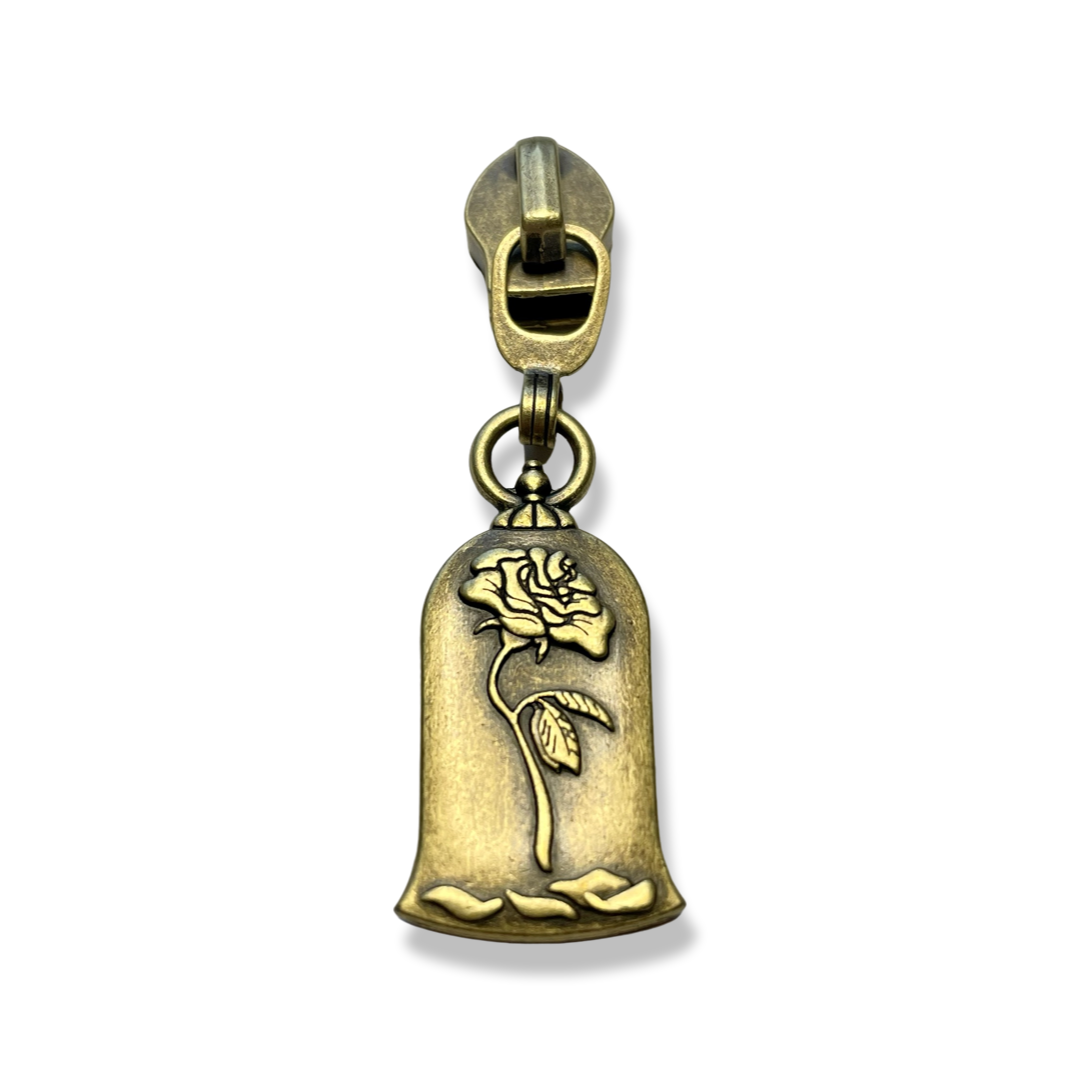 Zipper Pull, Rose in Glass, Antique Brass