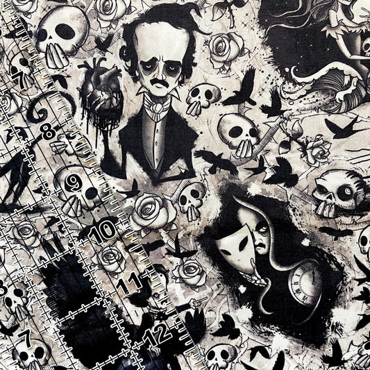 9x14 Tumbler Cut, Custom Fabric, CW Cotton Woven, High Quality, Mask Cut, Tumbler Fabric, Halloween, Horror, Poe, Black & White, New