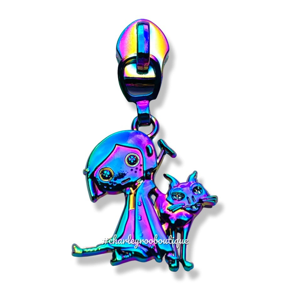 Zipper Pull, Coraline, Button Girl and Cat, Rainbow