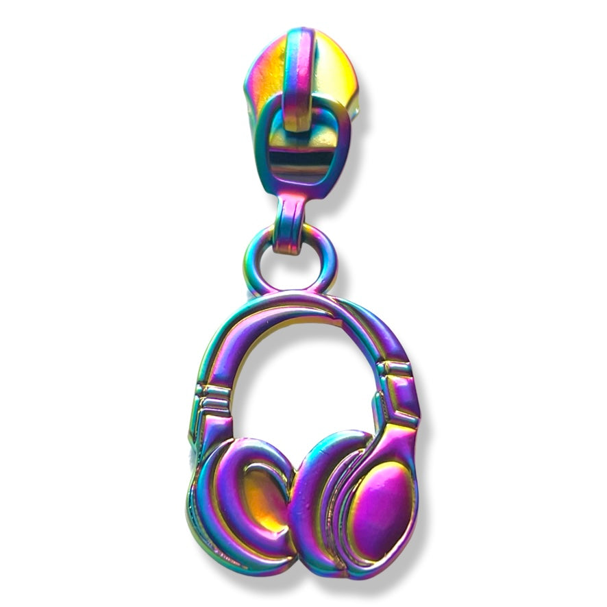 Zipper Pull, Headphones, Music, Matte Rainbow