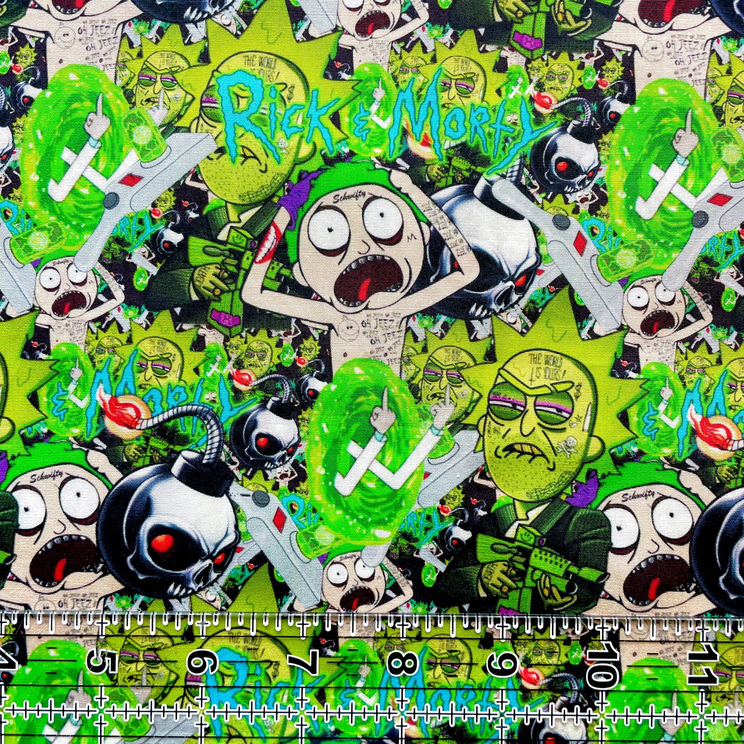 9x14 Tumbler Cut, Custom Fabric, CW Cotton Woven, High Quality, Mask Cut, Tumbler Fabric, R&M, Rick, Green, Bombs