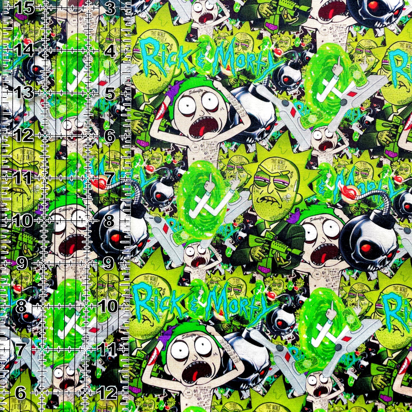 9x14 Tumbler Cut, Custom Fabric, CW Cotton Woven, High Quality, Mask Cut, Tumbler Fabric, R&M, Rick, Green, Bombs