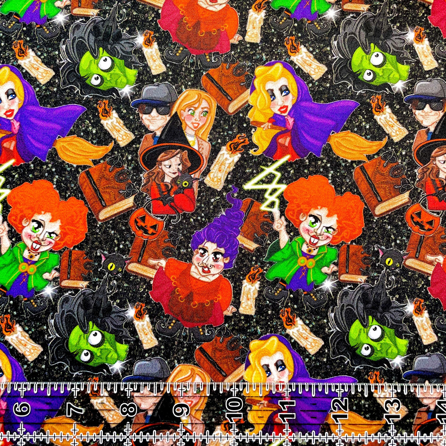 9x14 Tumbler Cut, Custom Fabric, CW Cotton Woven, High Quality, Mask Cut, Tumbler Fabric, Witch, Hocus, Spell, Pocus, Halloween, Toon on Black, Precut