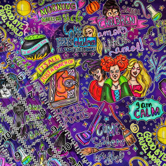 9x14 Tumbler Cut, Custom Fabric, CW Cotton Woven, High Quality, Mask Cut, Tumbler Fabric, Witch, Doodle, Hocus Quotes, Purple