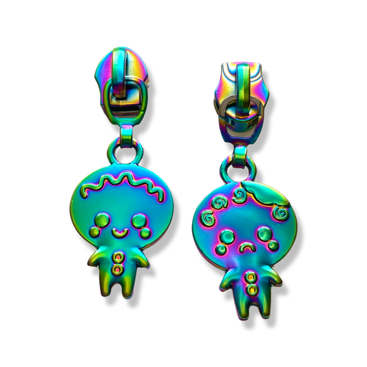Zipper Pull, Gingerbread Man, Happy/Sad, Double Sided, Matte Rainbow