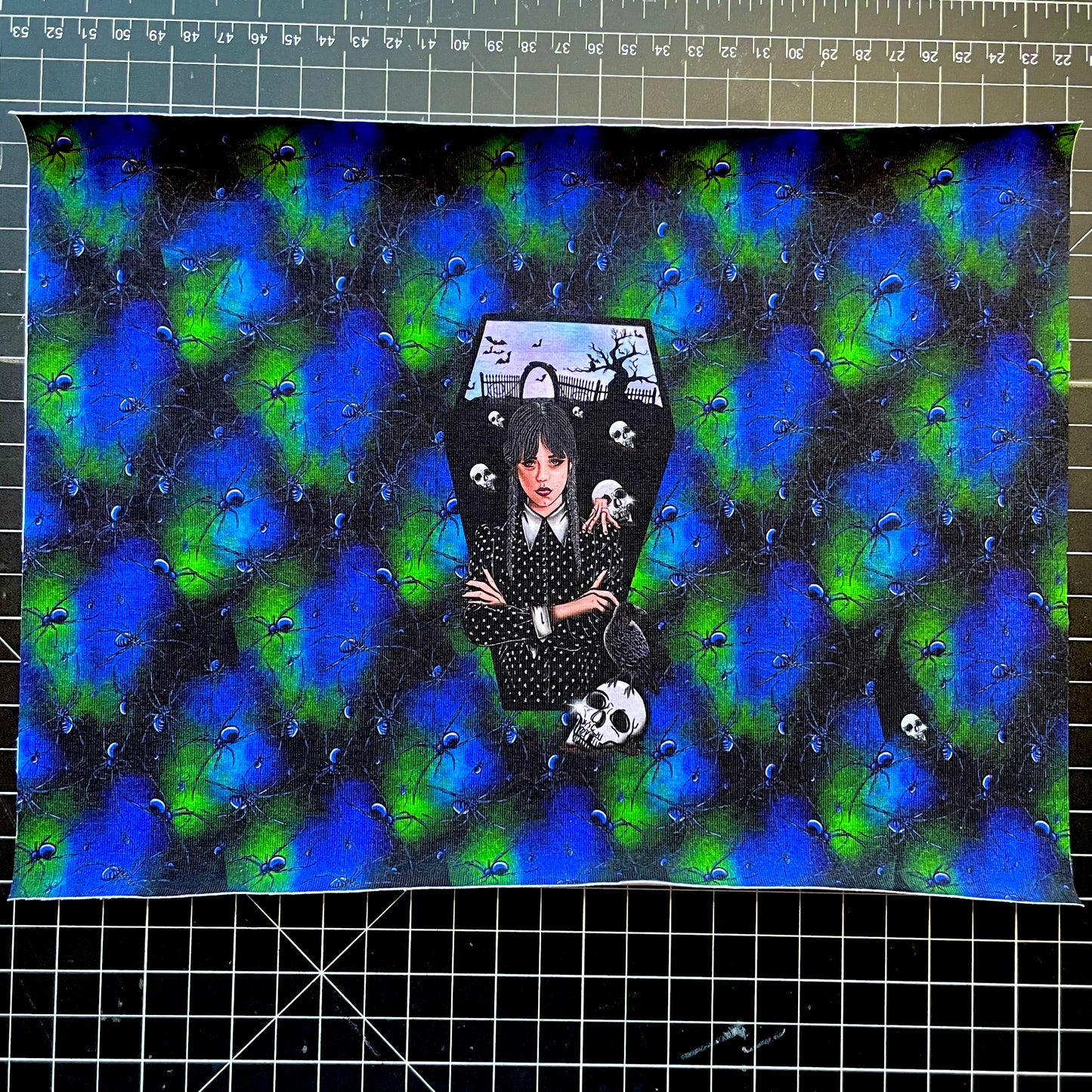 **9x12** Tumbler Cut, Custom Fabric, CottonSpandex, High Quality, Wednesday, Spiders, Blue/Green, Precut