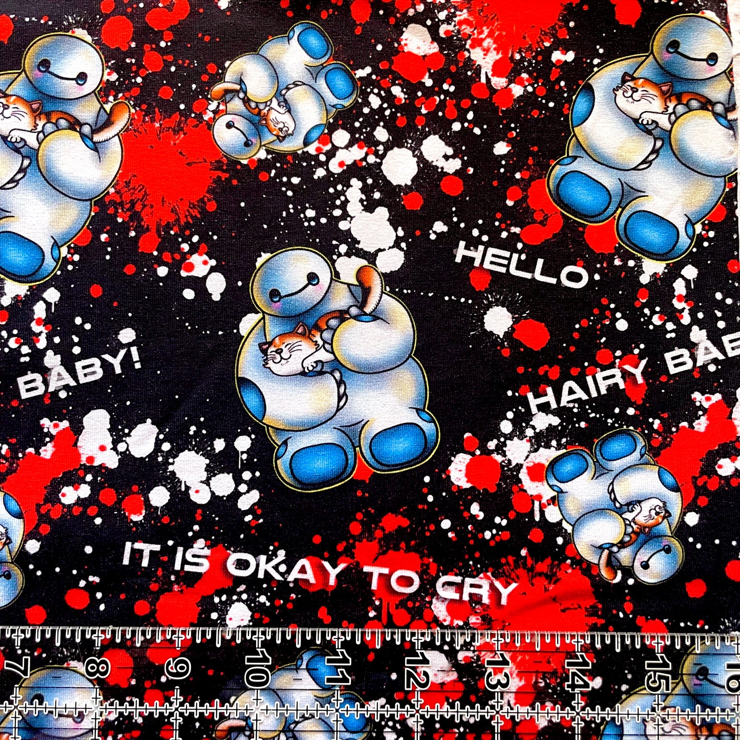 9x14 Tumbler Cut, Custom Fabric, CottonSpandex, High Quality, Mask Cut, Tumbler Fabric, Cartoon, Hairy Baby, Cute, Red Splatter