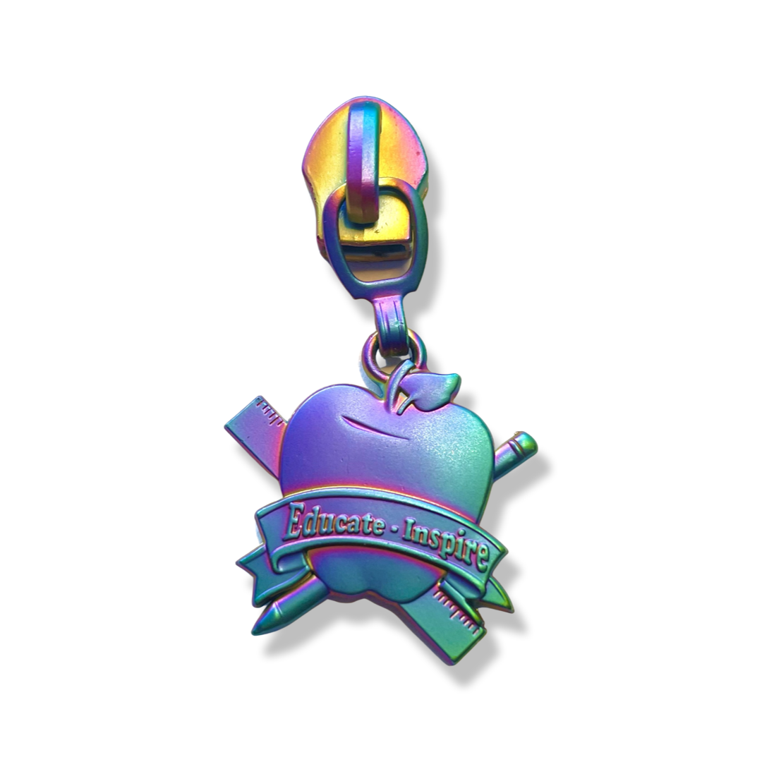 Zipper Pull, Teacher, Apple, Rainbow Matte