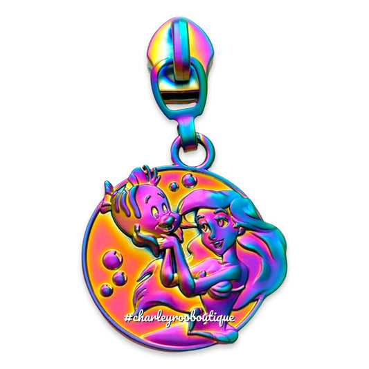 Zipper Pull, Ariel and Flounder, Mermaid Princess, Rainbow Matte