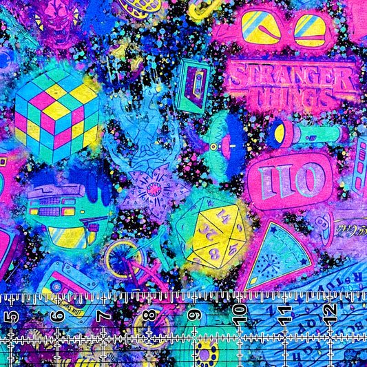 9x14 Tumbler Cut, Custom Fabric, CottonSpandex, High Quality, Halloween, Mask Cut, Tumbler Fabric, Friends Don’t Lie, Strange Friends, Neon Splatter