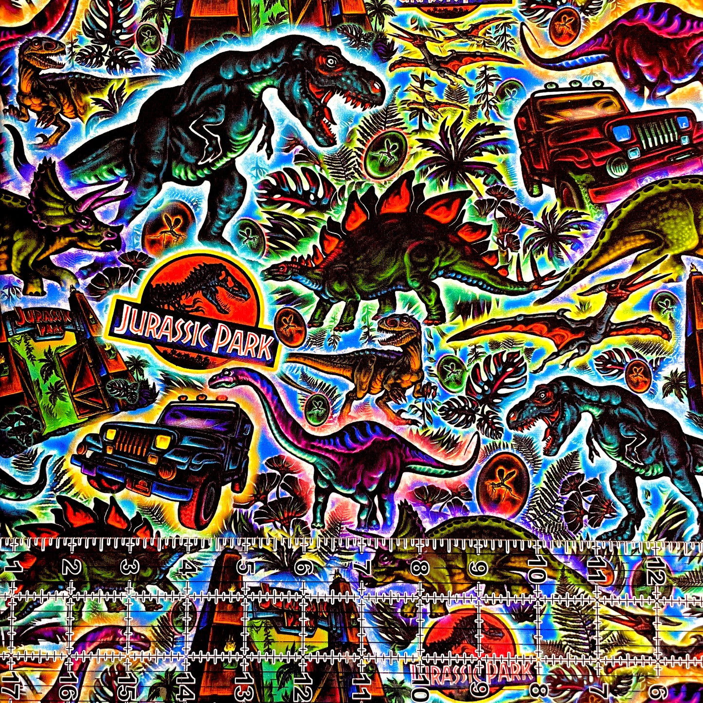 9x14 Tumbler Cut, Custom Fabric, CottonSpandex, High Quality, Mask Cut, Tumbler Fabric, Dino, Dinosaur, Jurassic Neon Glow, Large Scale
