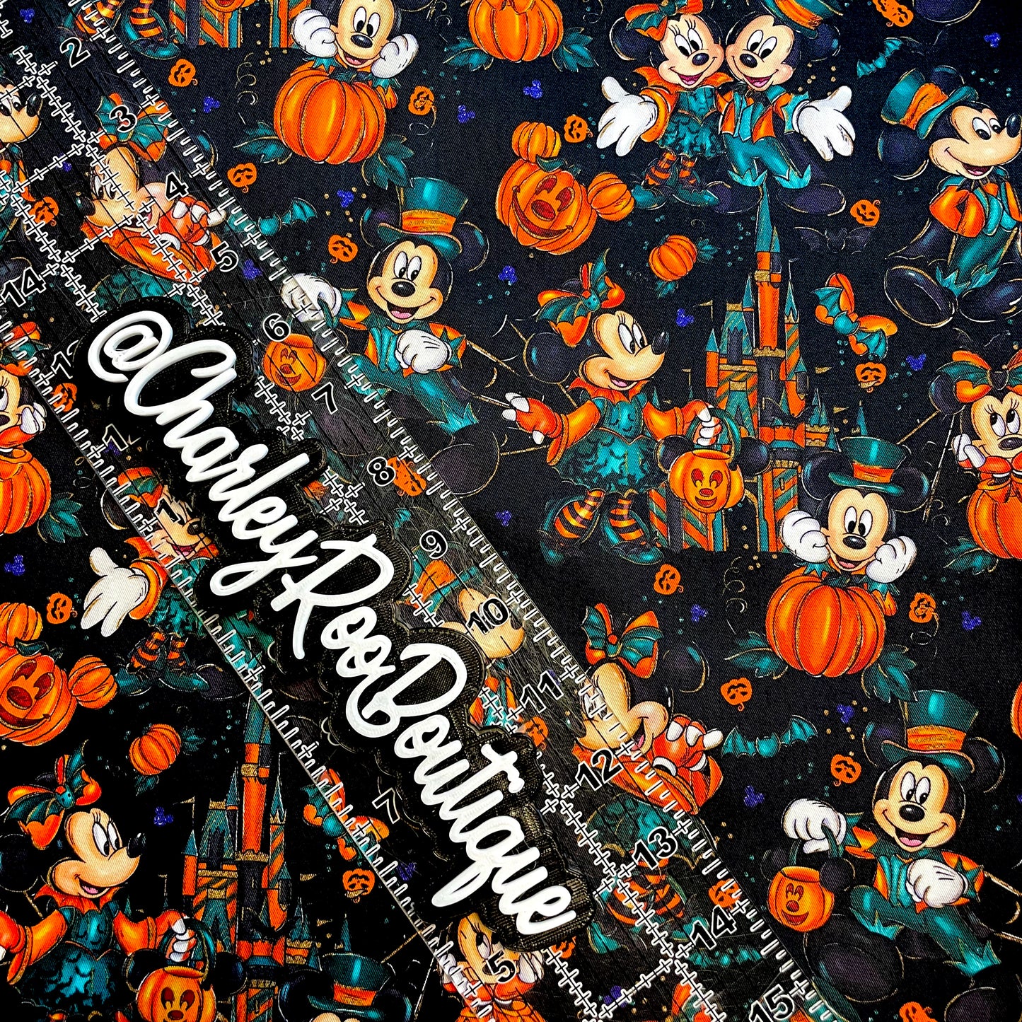 9x14 Tumbler Cut, Custom Fabric, CW Cotton Woven, High Quality, Mask Cut, Tumbler Fabric, Halloween, Mickey and Minnie, Orange, Green, Black