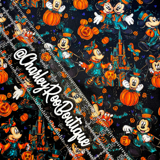 9x14 Tumbler Cut, Custom Fabric, CW Cotton Woven, High Quality, Mask Cut, Tumbler Fabric, Halloween, Mickey and Minnie, Orange, Green, Black