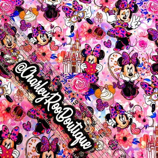 9x14 Tumbler Cut, Custom Fabric, CottonSpandex, High Quality, Mask Cut, Tumbler Fabric, Minnie, Leopard Lady, Pink