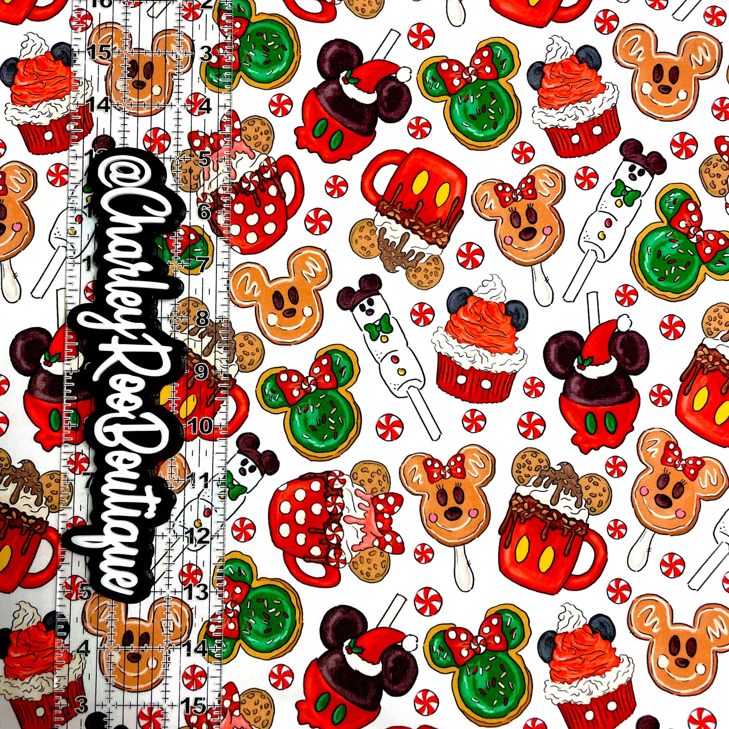 9x14 Tumbler Cut, Custom Fabric, CottonSpandex, High Quality, Mask Cut, Tumbler Fabric, Disney Xmas Treats on White