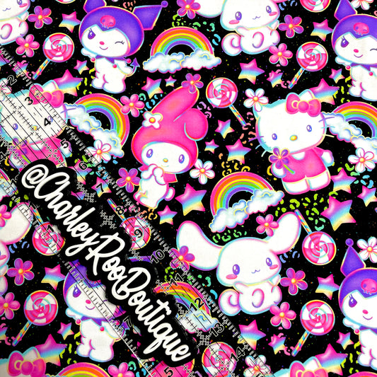 9x14 Tumbler Cut, Custom Fabric, CottonSpandex, High Quality, Mask Cut, Tumbler Fabric, Kitty, Sanrio Candy Cuties on Black