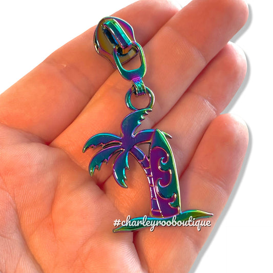 Zipper Pull, Palm Tree & Surf Board, Rainbow