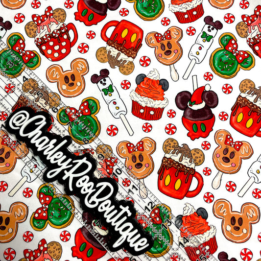 9x14 Tumbler Cut, Custom Fabric, CottonSpandex, High Quality, Mask Cut, Tumbler Fabric, Disney Xmas Treats on White